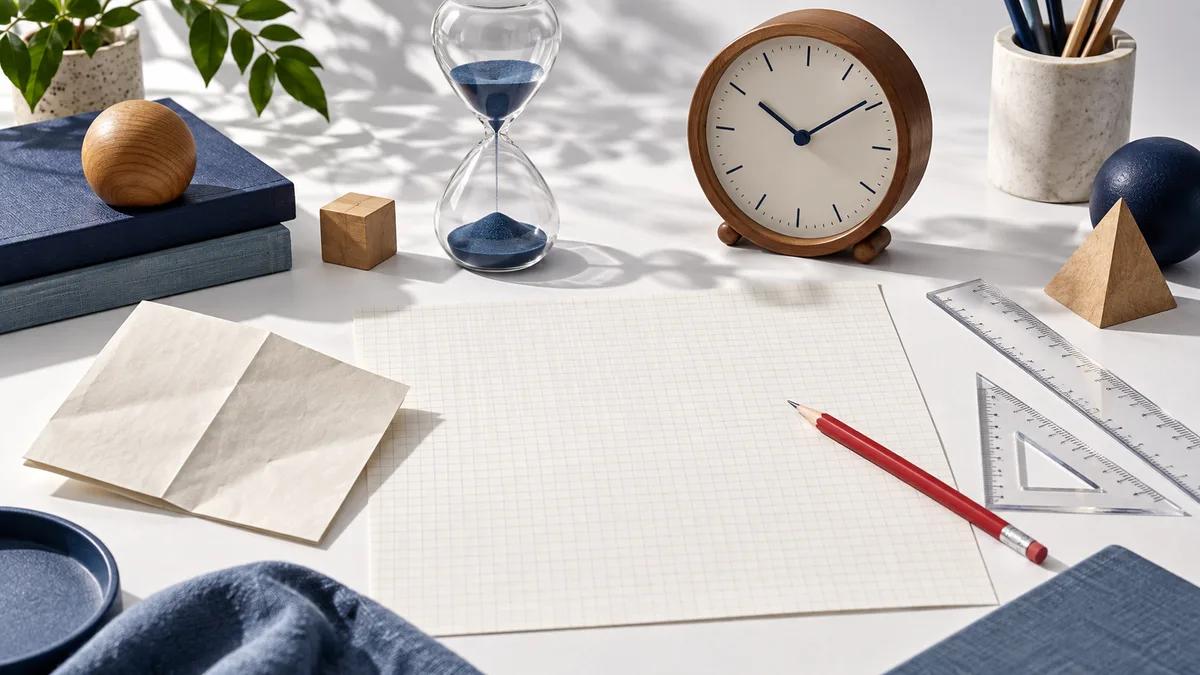 A clock and hourglass sit above blank graph paper on a white tabletop, surrounded by rulers, a red pencil, books, and wooden shapes.