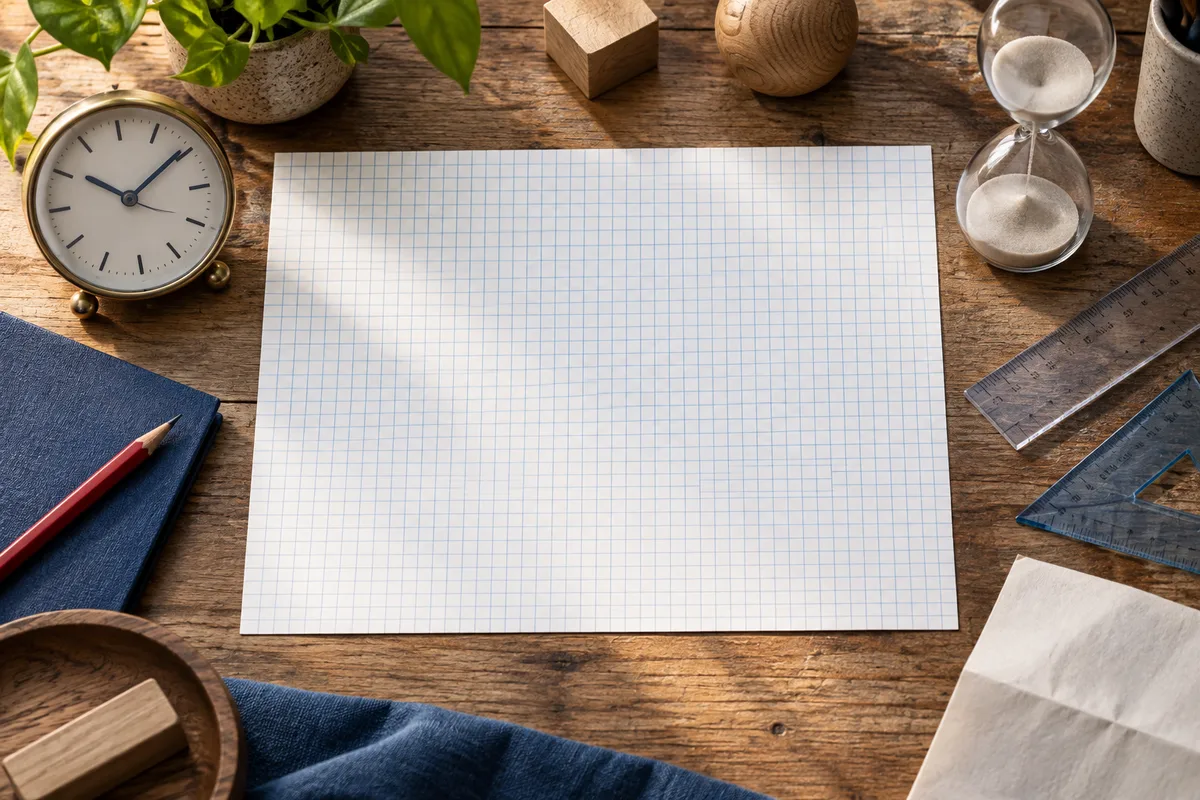 A blank sheet of graph paper on a wooden desk, surrounded by an analog clock, an hourglass, rulers, a red pencil, folded paper, and a leafy plant.