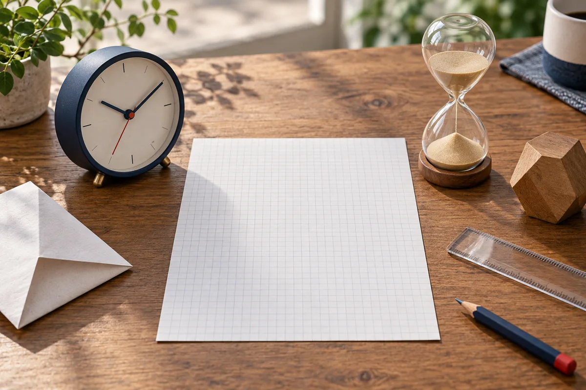 A sheet of graph paper lies on a wooden desk between a clock and an hourglass, with a ruler, pencil, folded paper, and small wooden block nearby.