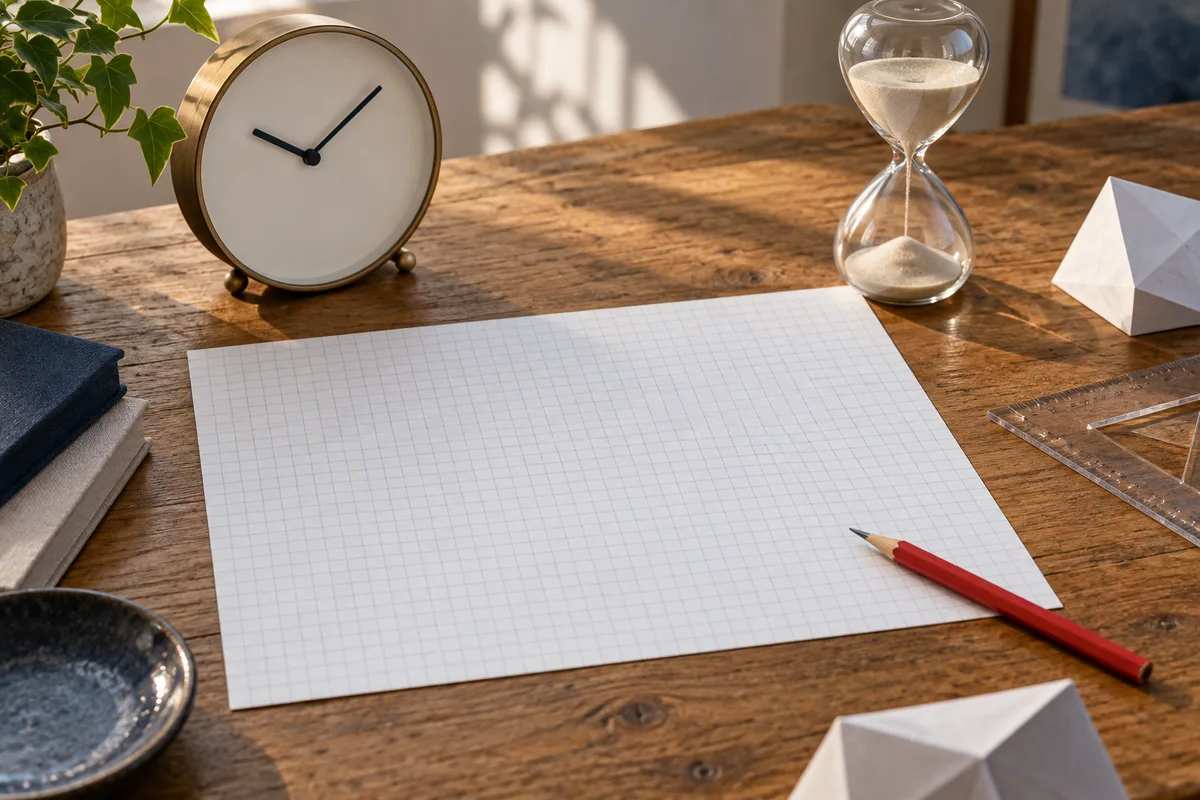 A clock and hourglass sit above blank grid paper on a wooden desk, with a red pencil, clear ruler, books, and small geometric objects nearby.
