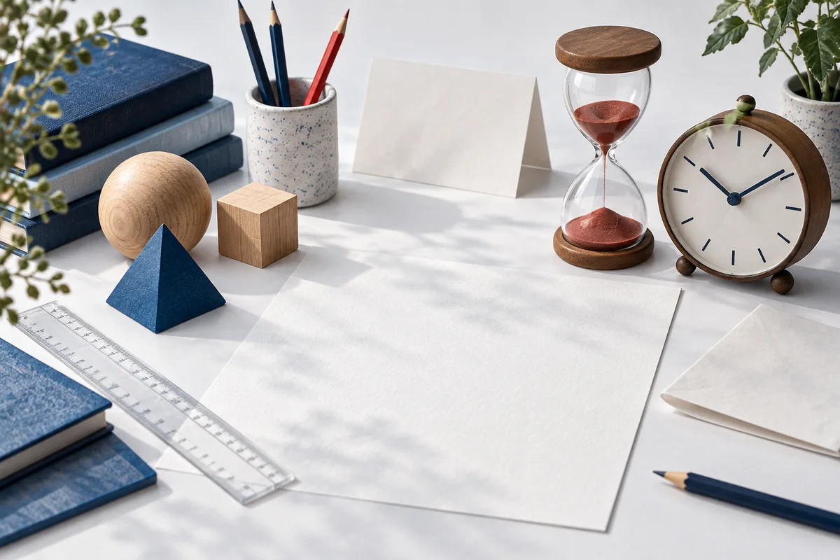 A bright tabletop scene with blank sheets of paper, stacked blue books, pencils, a clear ruler, wooden geometric objects, an hourglass, and an analog clock.