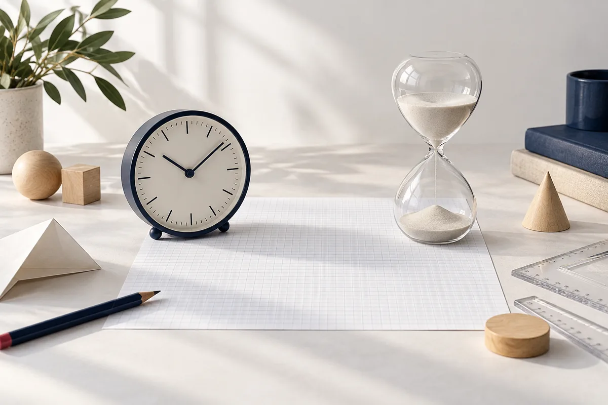 A clock and glass hourglass sit on blank graph paper beside a pencil, rulers, wooden shapes, a plant, and stacked books.