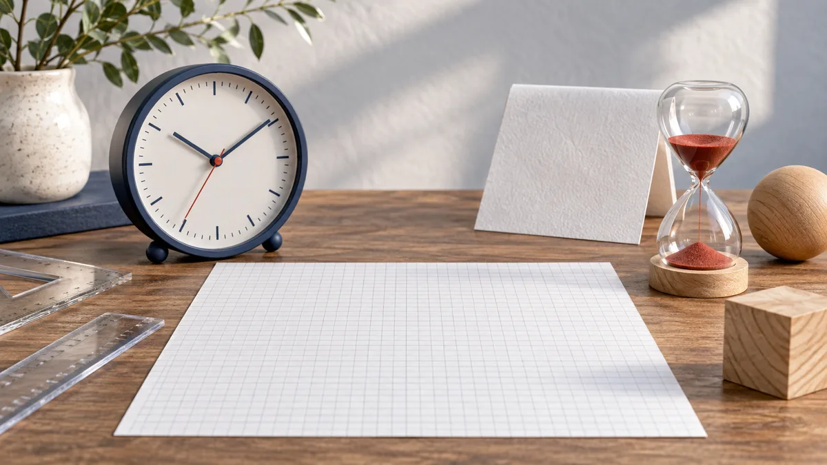 An analog clock and glass hourglass sit beside blank graph paper, rulers, and wooden shapes on a table.
