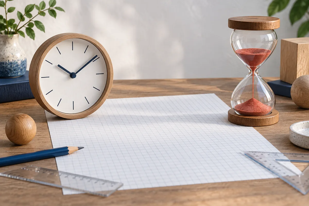 A wooden clock and glass hourglass sit on a desk beside blank graph paper, pencils, and transparent rulers.