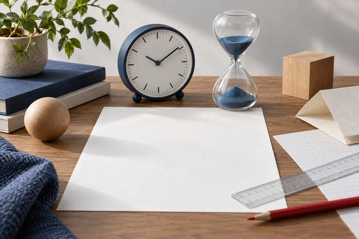 A tabletop still life with a clock, blue-sand hourglass, blank sheet of paper, ruler, red pencil, wooden block, wooden sphere, and potted plant.