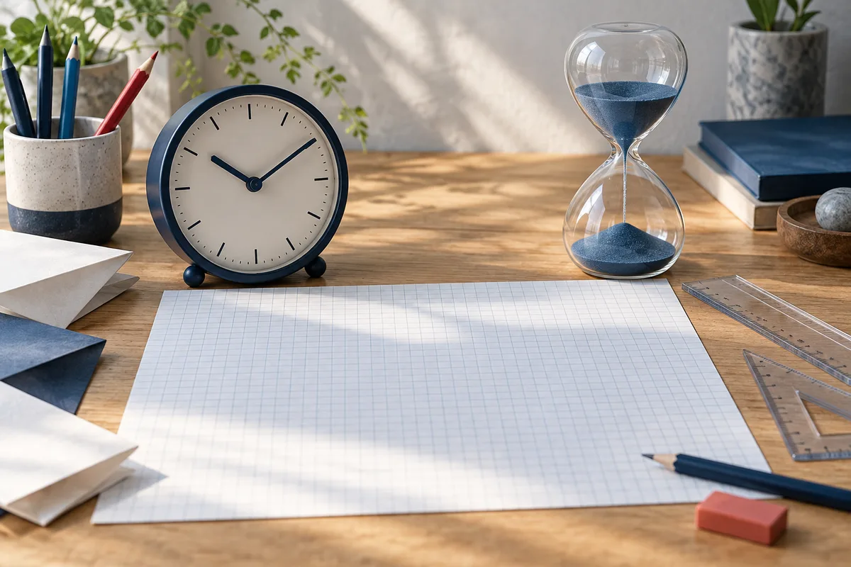 A desk holds a round clock, an hourglass, blank graph paper, pencils, folded paper, rulers, and a small red eraser.