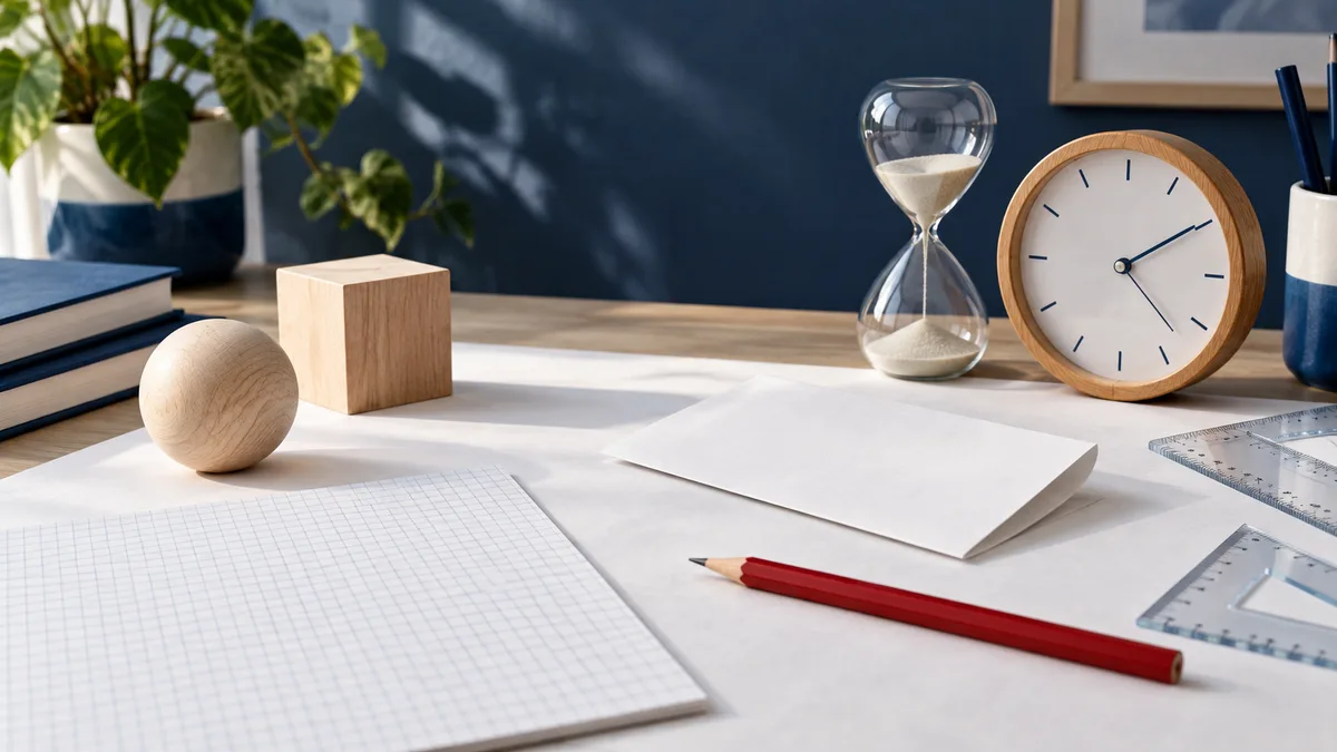 A tabletop still life with a wooden clock, glass hourglass, blank papers, graph paper, a red pencil, transparent rulers, wooden shapes, books, and a potted plant.