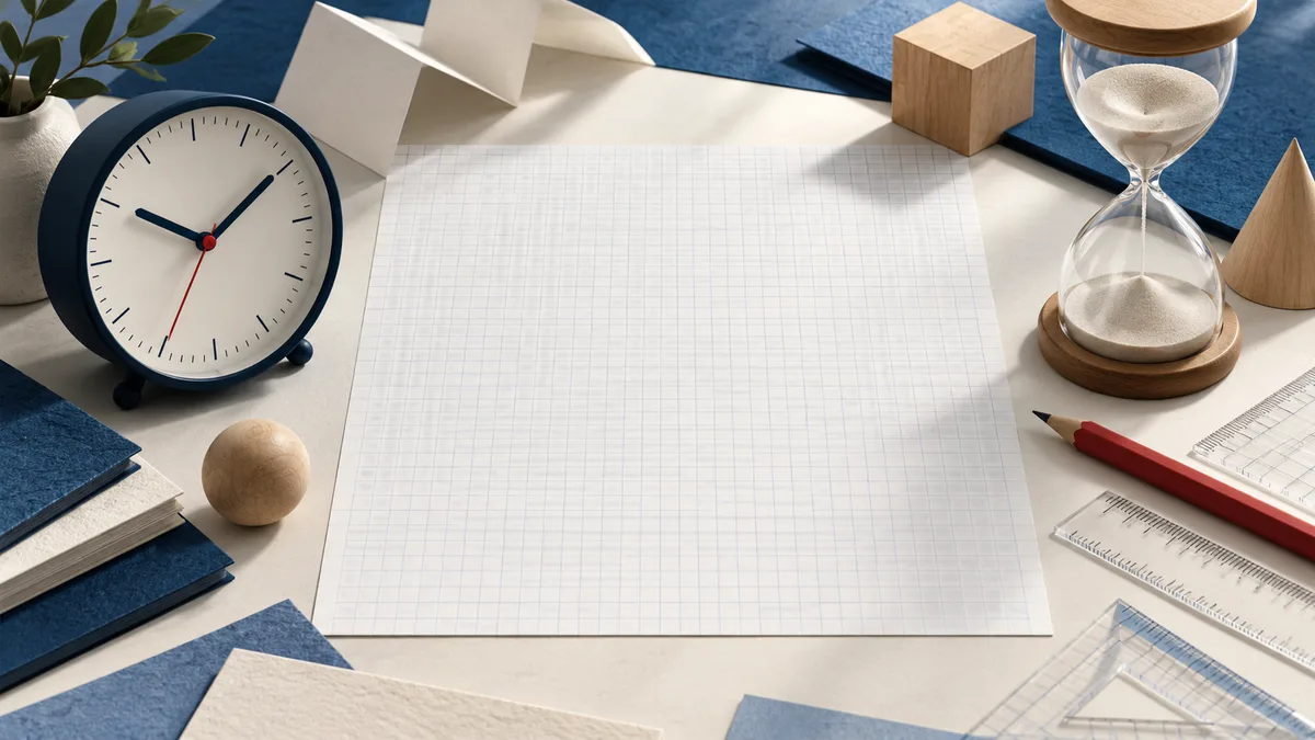 A navy-rimmed clock and an hourglass sit beside blank graph paper, a red pencil, rulers, folded paper, and wooden shapes.