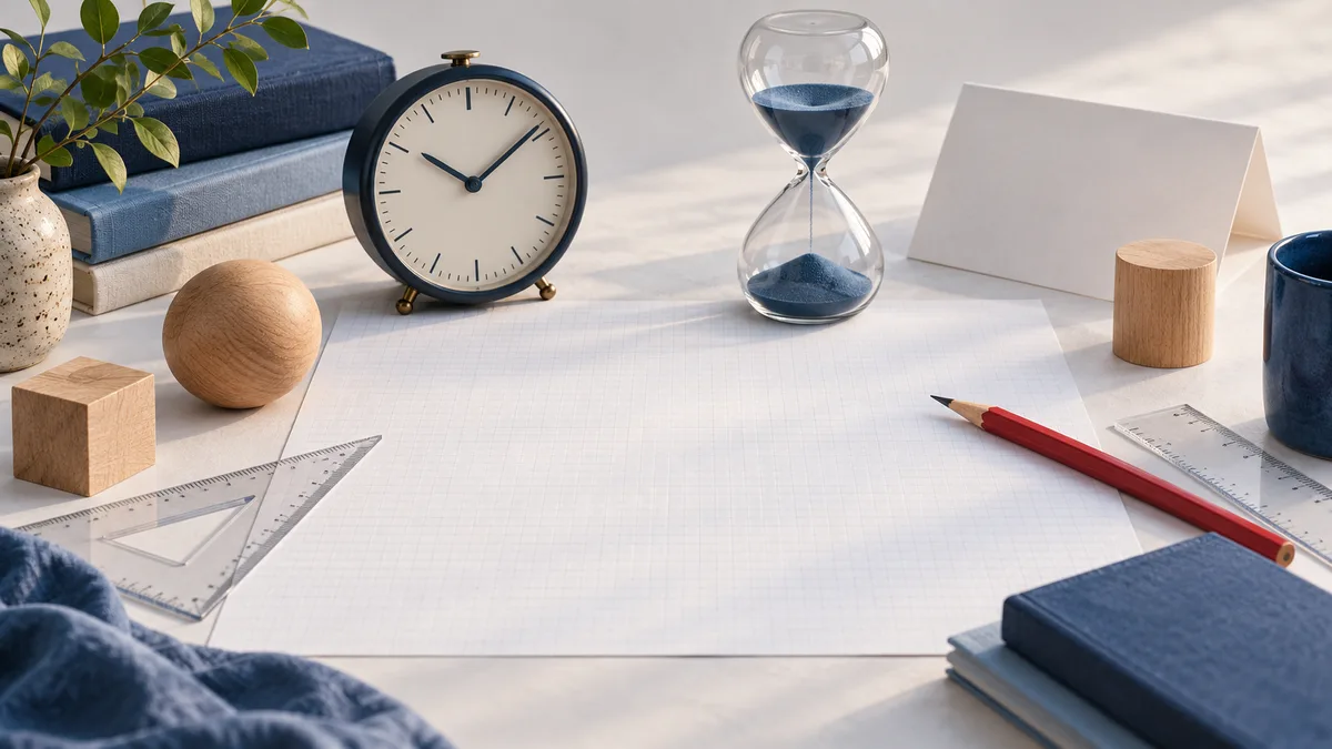 An analog clock and a blue sand hourglass sit above blank graph paper, with rulers, wooden shapes, books, and a red pencil arranged around the page.