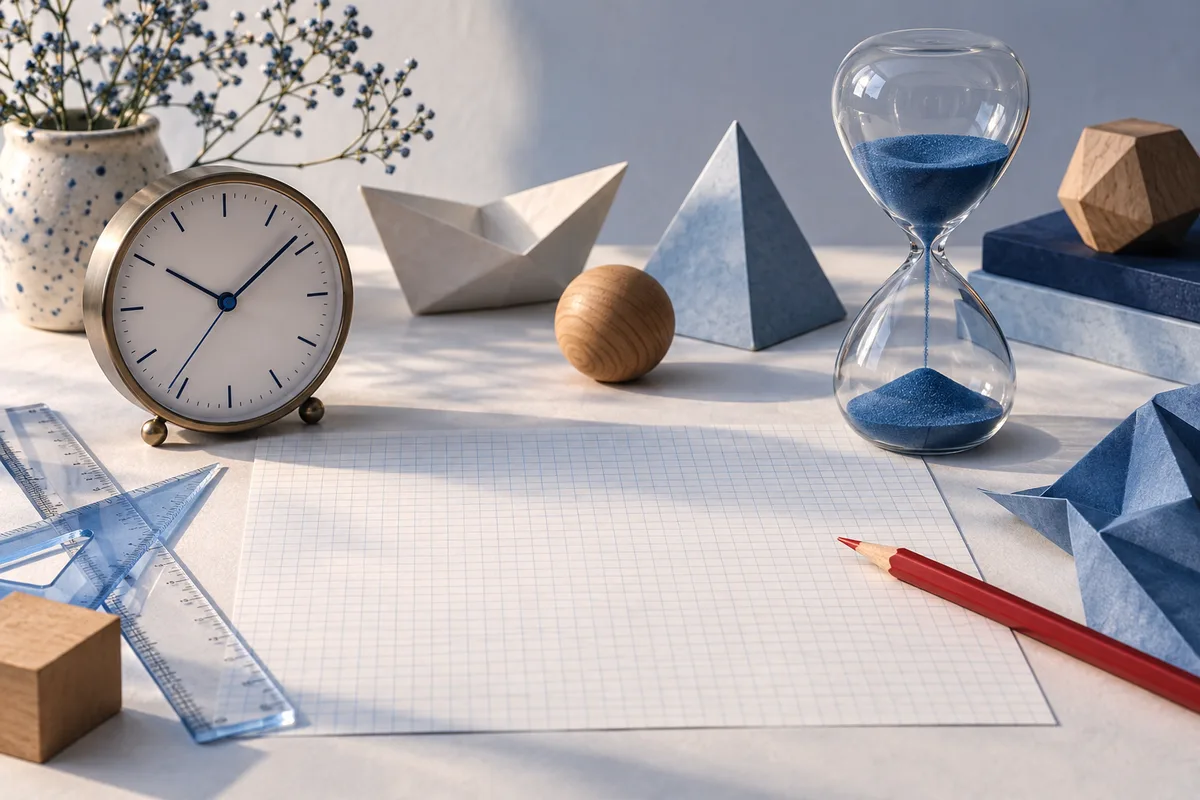 A clock and blue sand hourglass sit beside blank graph paper, transparent rulers, a red pencil, and wooden geometric shapes.