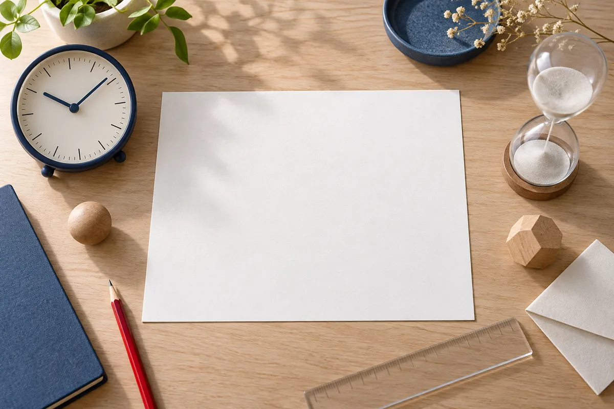 A blank sheet on a wooden desk beside a clock, an hourglass, a red pencil, a ruler, and wooden shapes.