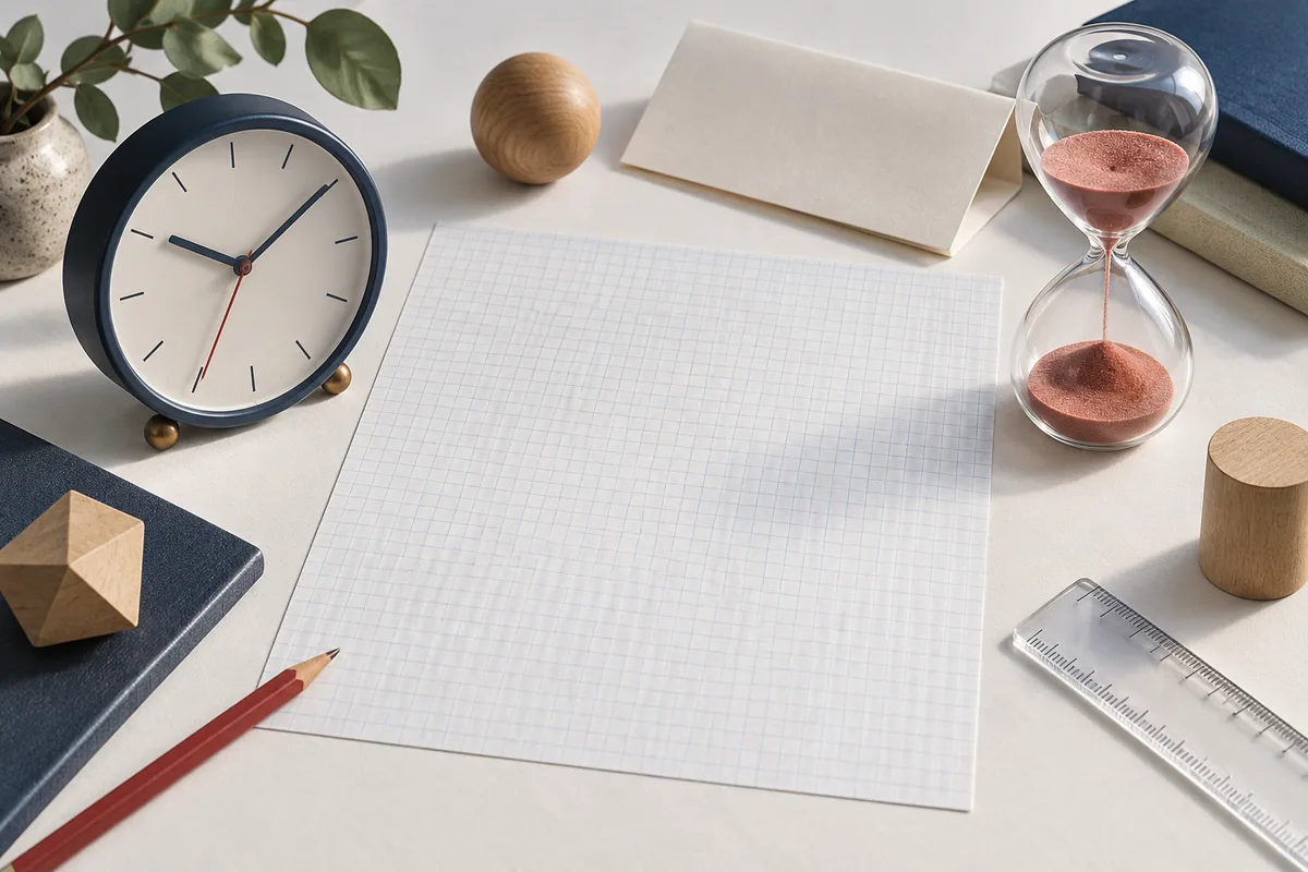 A still life of a clock and hourglass beside blank graph paper, pencils, a clear ruler, wooden shapes, and a plant.