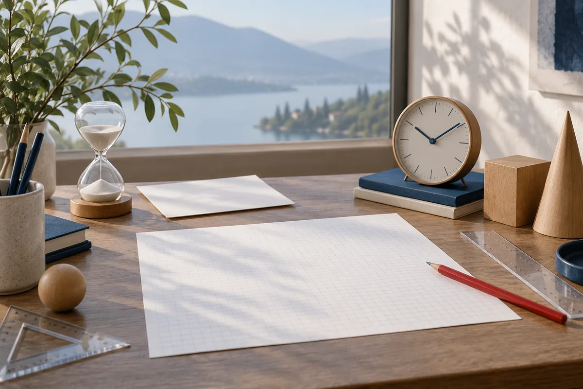 A clock and hourglass sit beside blank grid paper, a red pencil, rulers, and wooden shapes on a desk by a window.