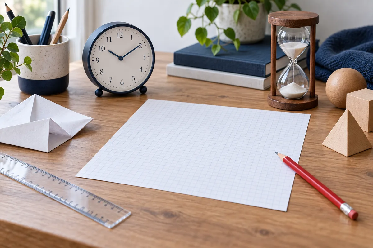 A desk holds blank graph paper, a clock, an hourglass, a red pencil, a ruler, folded paper, wooden blocks, books, and plants.