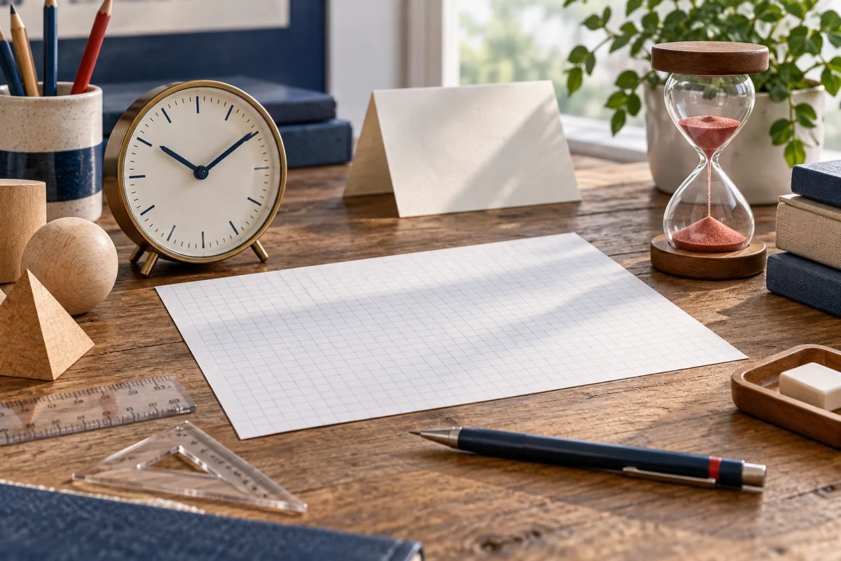 A desk holds blank graph paper, a pencil, rulers, a clock, and an hourglass among wooden shapes and books.