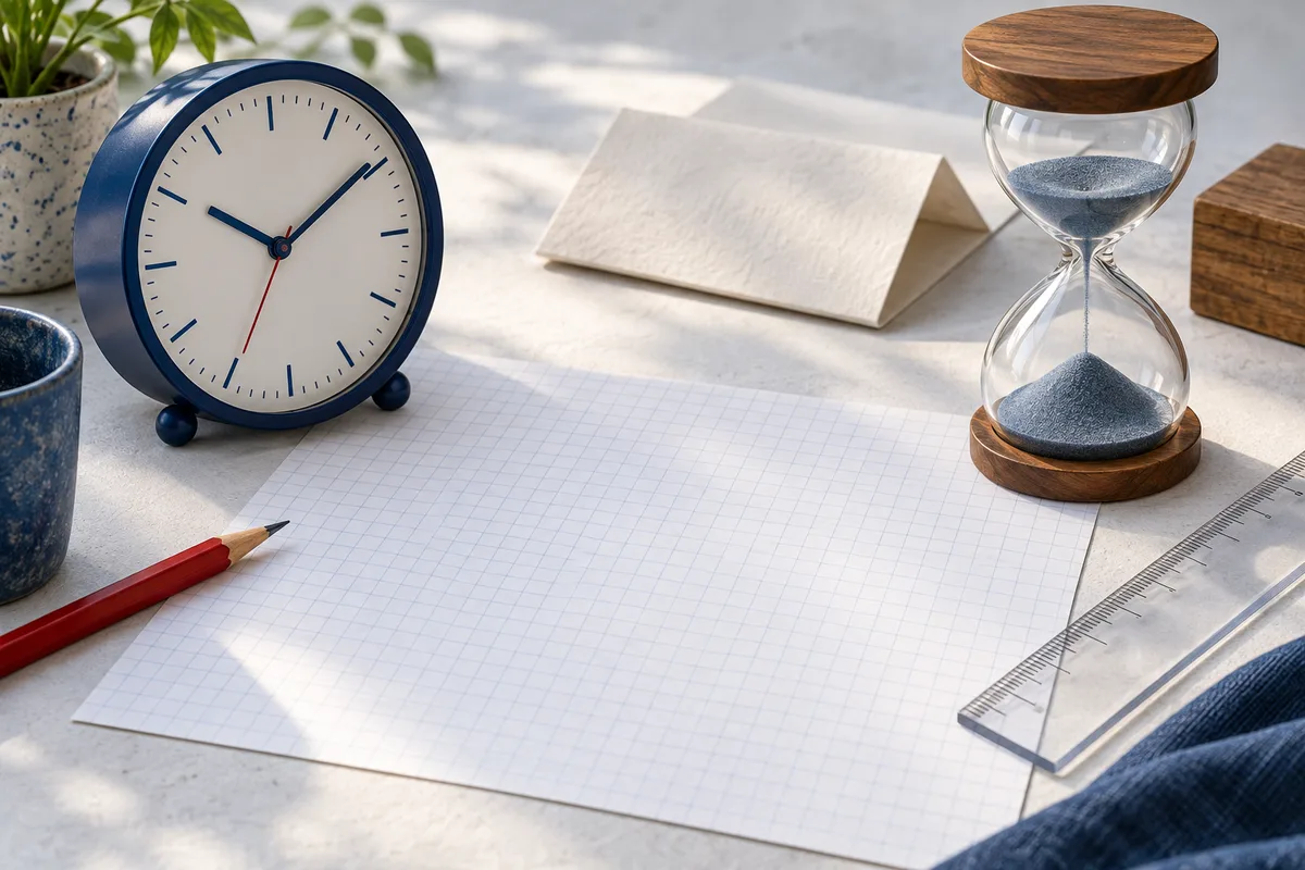A blue clock and glass hourglass sit on graph paper beside a red pencil, a ruler, folded blank paper, and a wooden block.