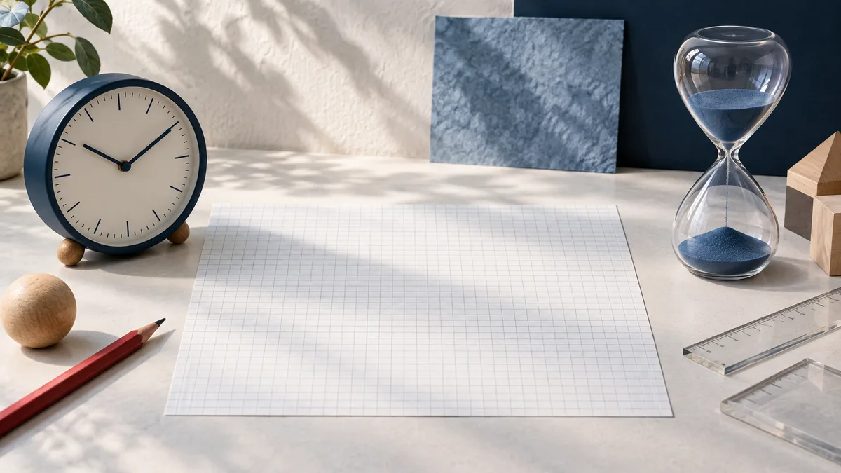 A tabletop still life with a clock, an empty gridded sheet, a red pencil, an hourglass, transparent rulers, wooden blocks, and leafy branches.
