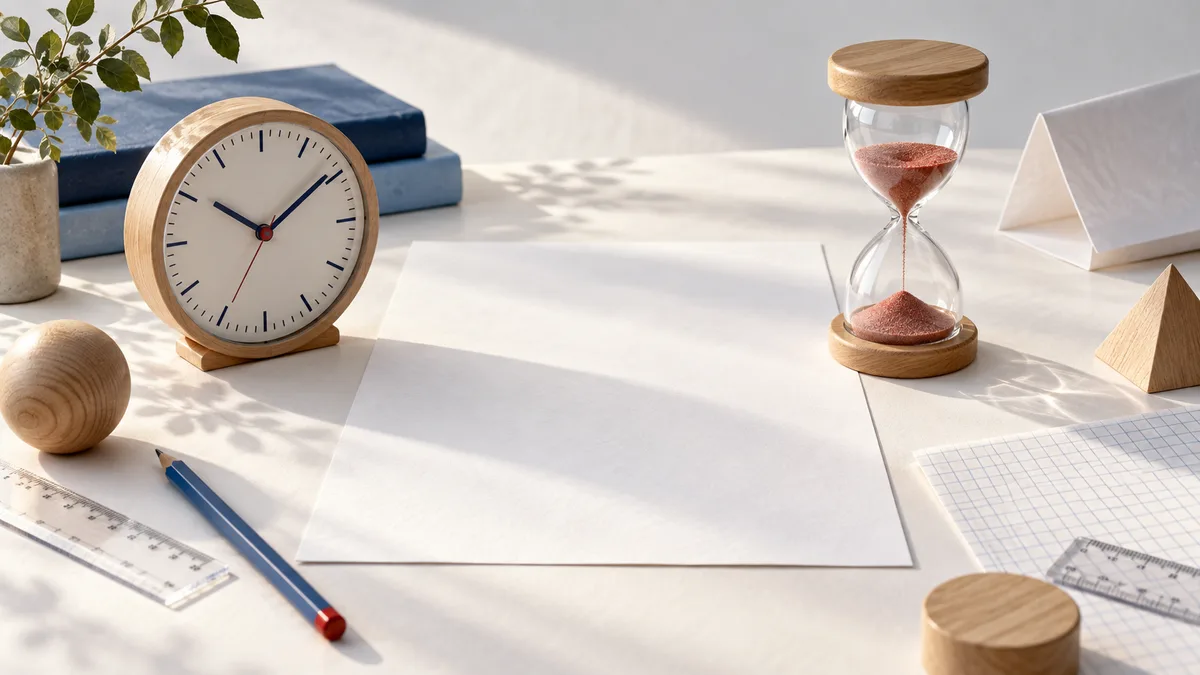 A wooden analog clock and red-sand hourglass sit beside a blank sheet of paper, graph paper, rulers, a blue pencil, books, a potted plant, and wooden shapes on a white tabletop.