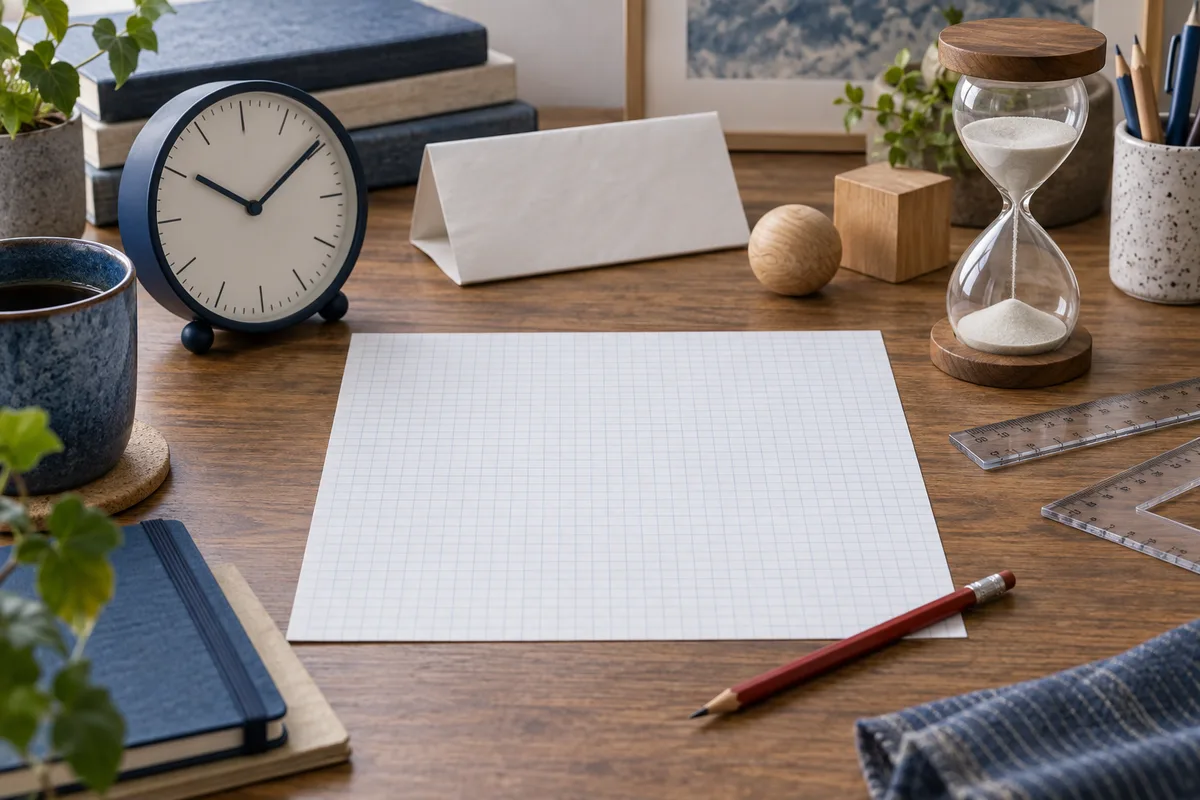 A clock, hourglass, blank graph paper, and red pencil sit on a wooden desk among books, rulers, a cup, and small wooden blocks.