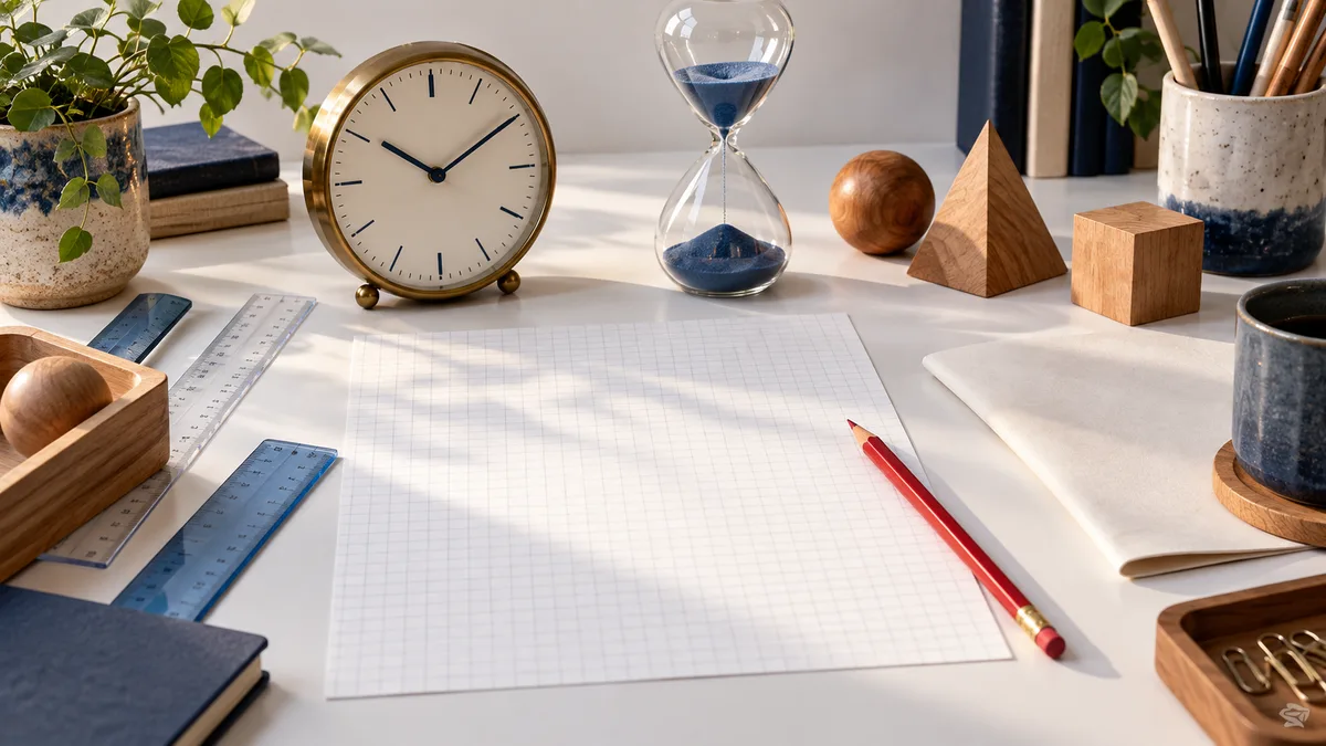 Still life on a white desk with an analog clock, blue-sand hourglass, blank graph paper, rulers, a red pencil, wooden blocks, and a potted plant.