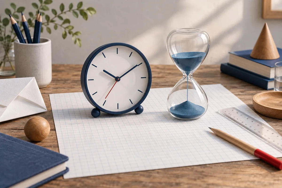 A blue-rimmed clock and glass hourglass sit on graph paper beside a ruler and pencil, with books, a pencil cup, and wooden shapes on the desk.