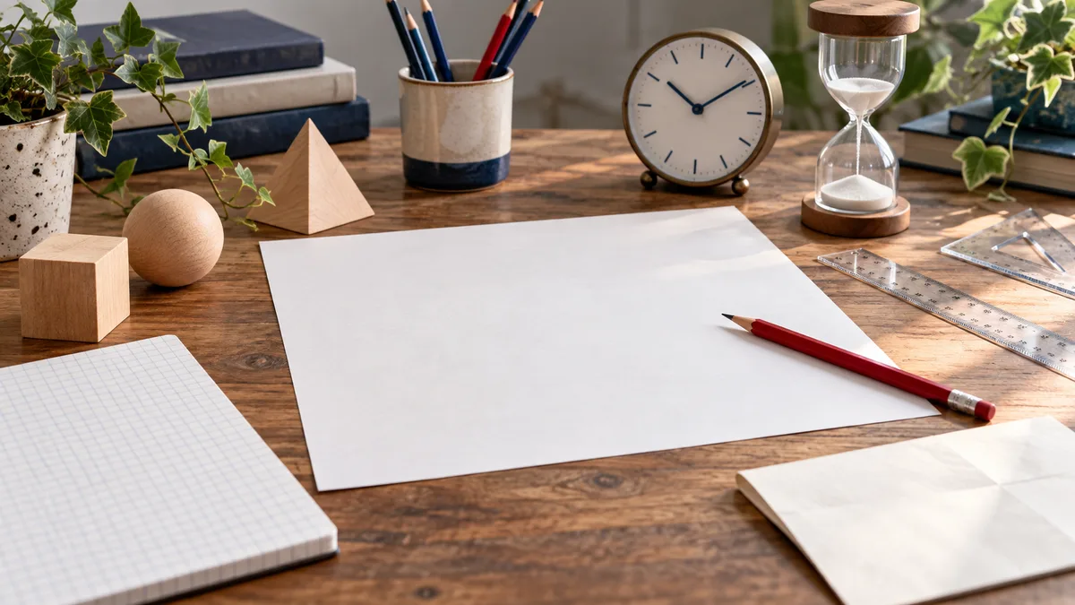 A wooden desk holds a blank white sheet, a red pencil, an analog clock, an hourglass, transparent rulers, wooden geometric forms, books, and potted plants.