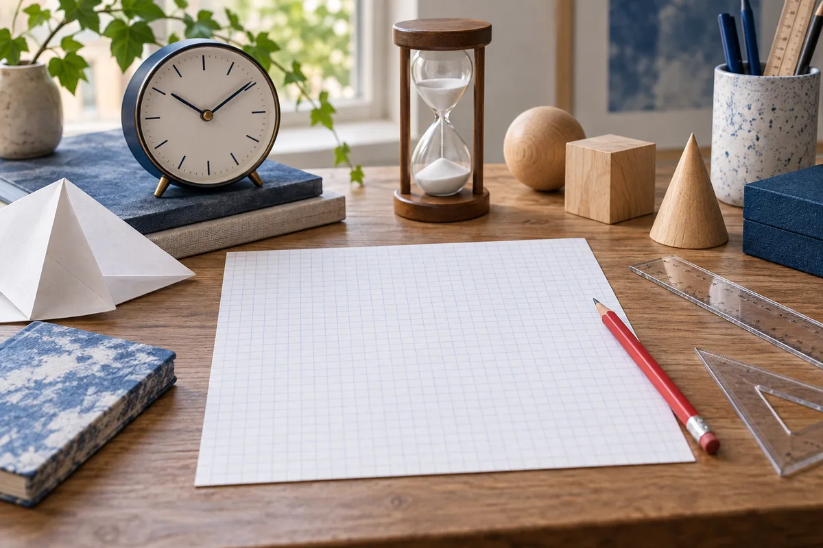 A wooden desk holds a clock, an hourglass, blank graph paper, a red pencil, rulers, geometric wooden shapes, books, and a potted plant.