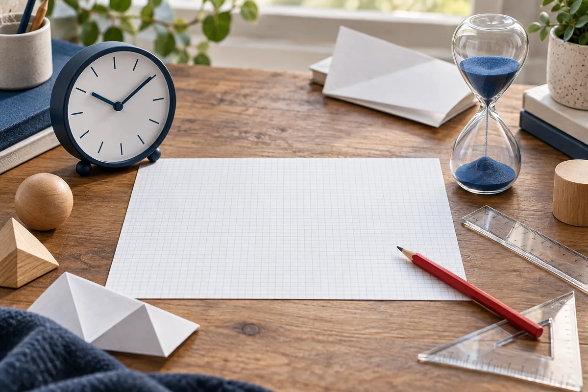 A round clock and glass hourglass sit beside blank graph paper, a red pencil, clear rulers, folded paper, and wooden shapes on a desk.