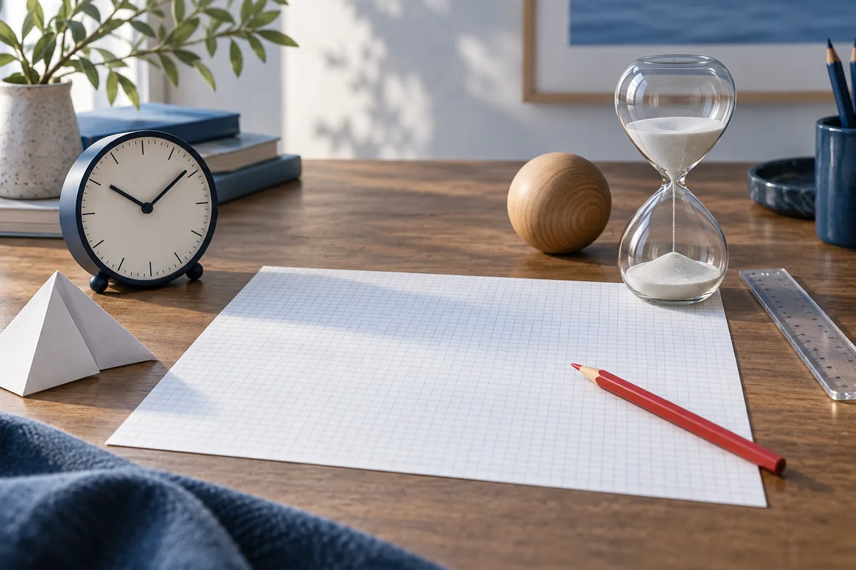 A desk with a clock, hourglass, wooden sphere, blank graph paper, red pencil, ruler, and triangular folded paper form.