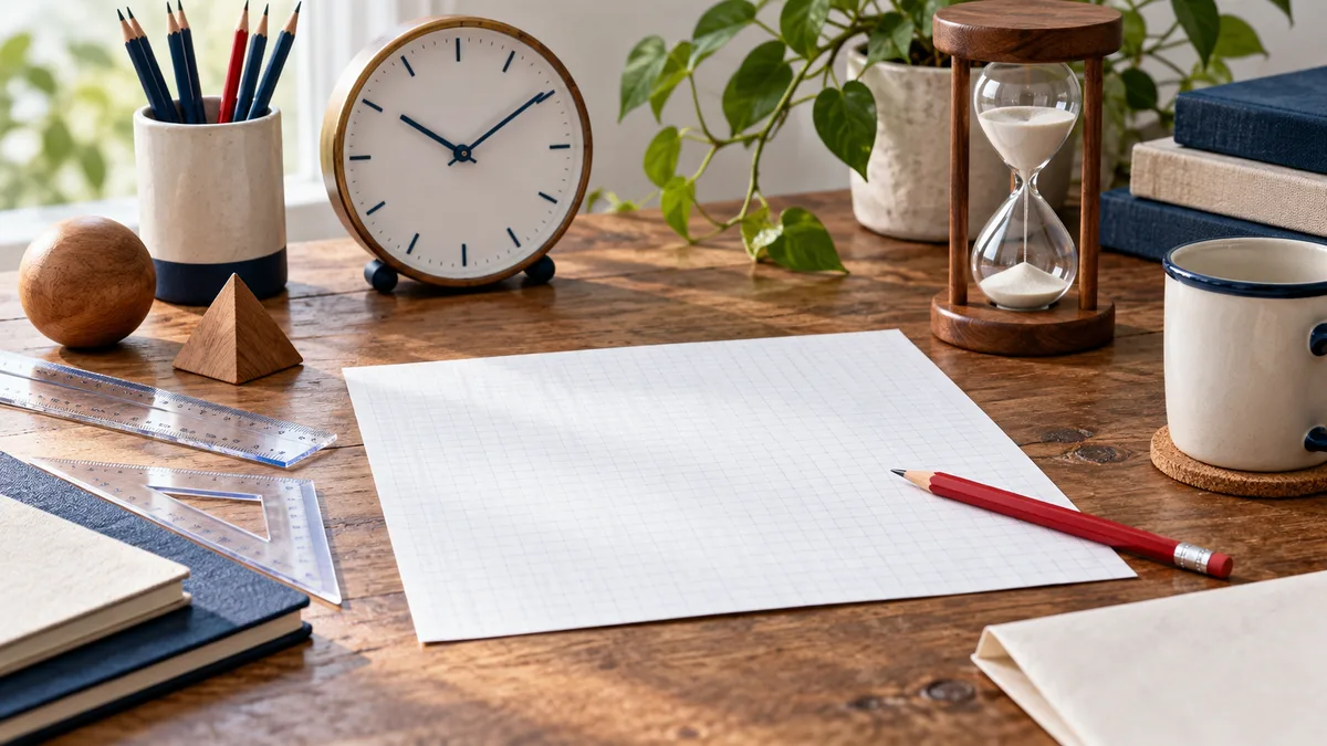 A blank sheet of graph paper and a red pencil on a wooden desk, surrounded by a clock, hourglass, rulers, books, pencils, a mug, and wooden shapes.
