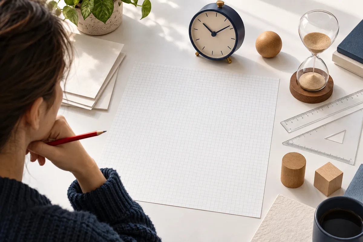 Overhead view of a person holding a red pencil beside a blank gridded sheet, with a clock, hourglass, rulers, wooden shapes, books, a plant, and a cup on a white desk.