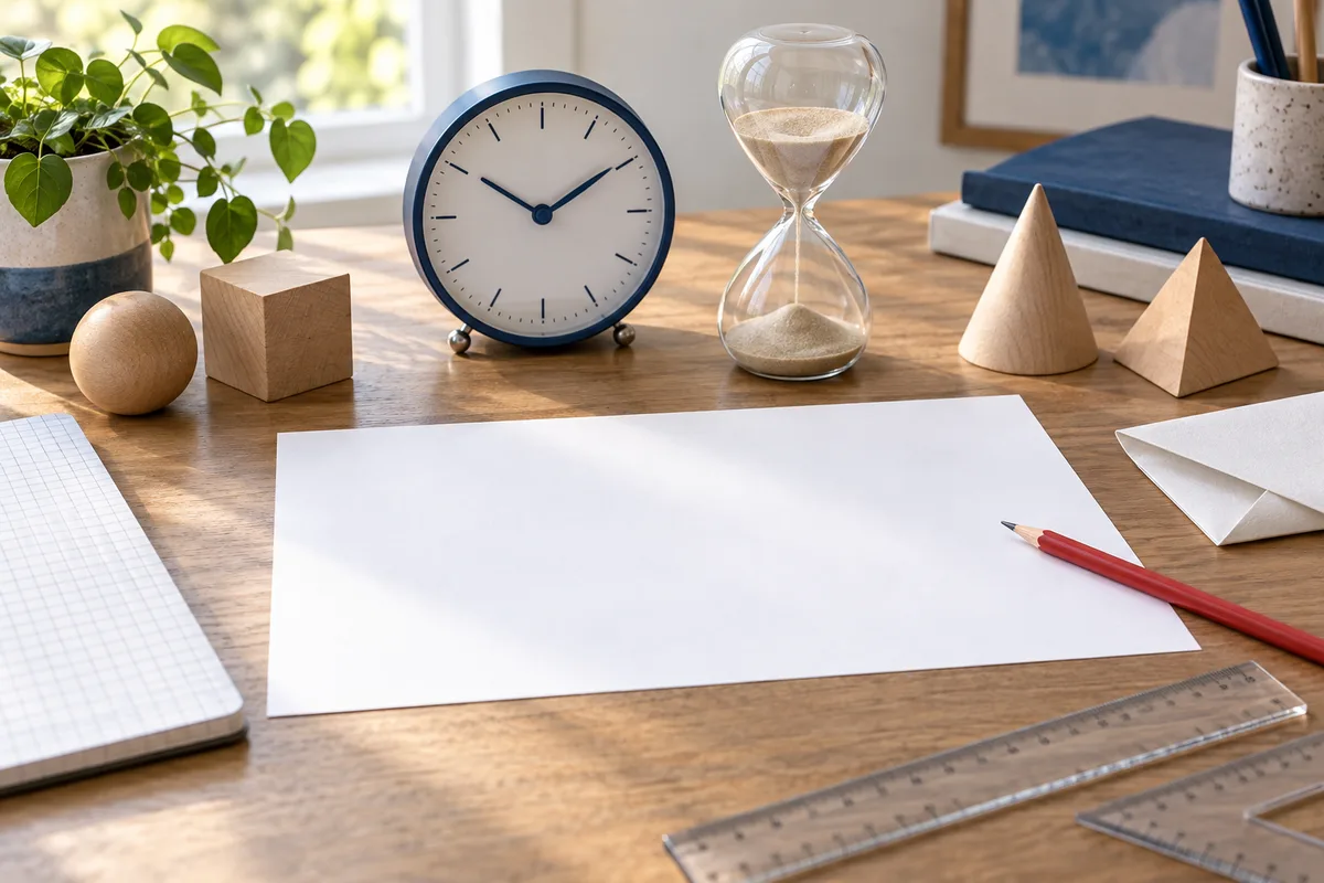 A desk holds a blank sheet, a red pencil, rulers, a clock, an hourglass, and wooden geometric forms.