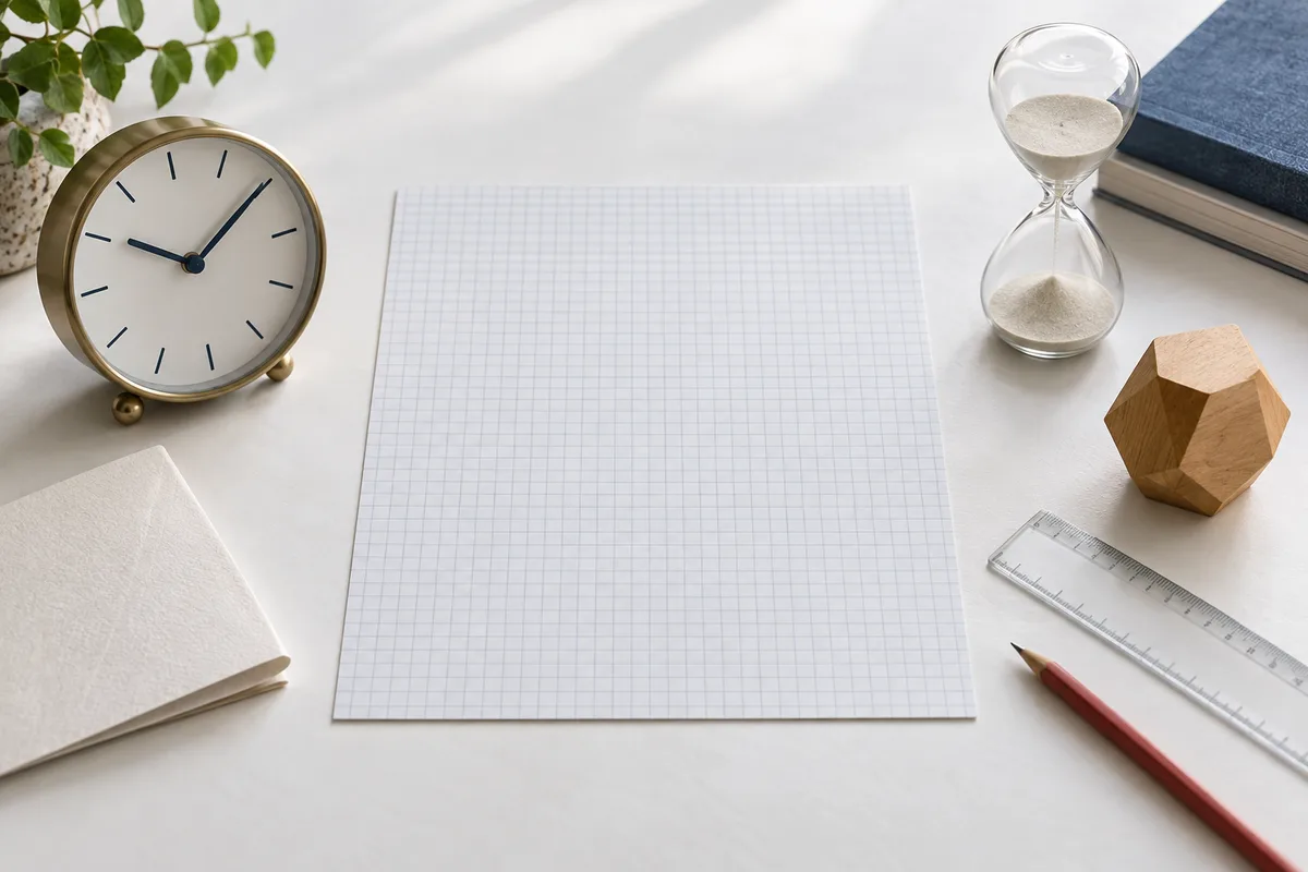 A blank sheet of graph paper sits between an analog clock and an hourglass, with a ruler, red pencil, wooden block, and plant nearby.
