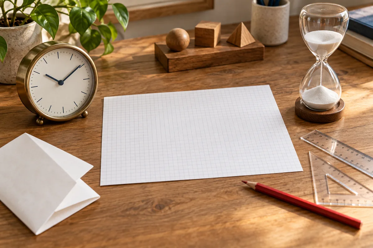 A clock and hourglass flank blank graph paper on a wooden desk, with a pencil, clear rulers, a folded sheet and small wooden blocks nearby.