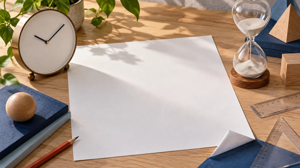 A blank sheet of paper on a wooden desk, surrounded by a clock, an hourglass, a pencil, clear rulers, wooden shapes, and leafy plants.
