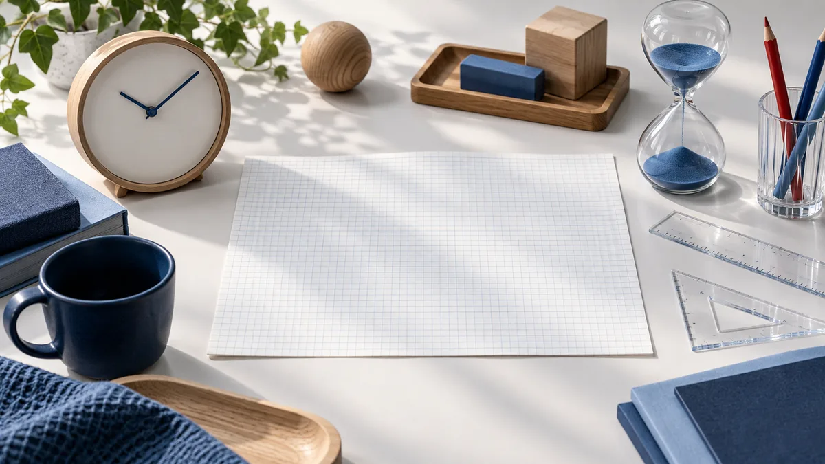 A blank sheet of graph paper lies on a desk beside a round clock, blue hourglass, transparent rulers, pencils, wooden blocks, books, and a dark mug.