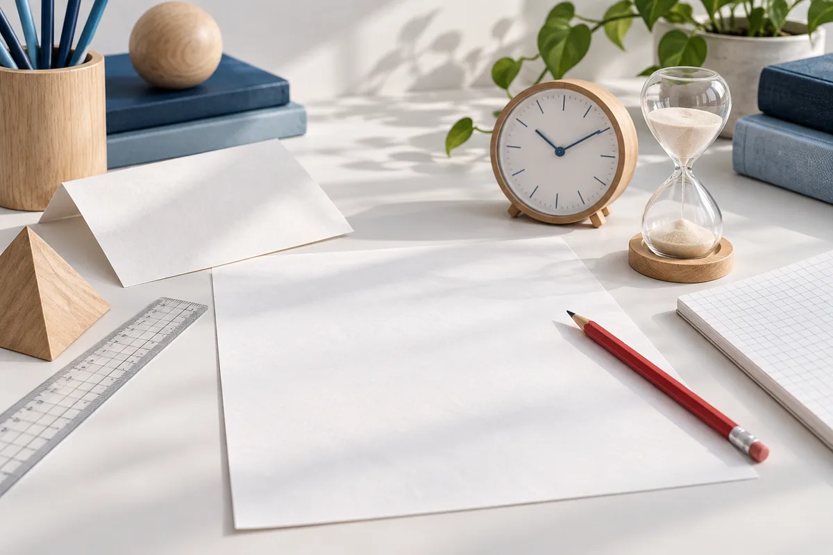 A white desk holds a blank sheet, folded paper, a red pencil, a transparent ruler, a clock, an hourglass, blue books, plants, and wooden shapes.