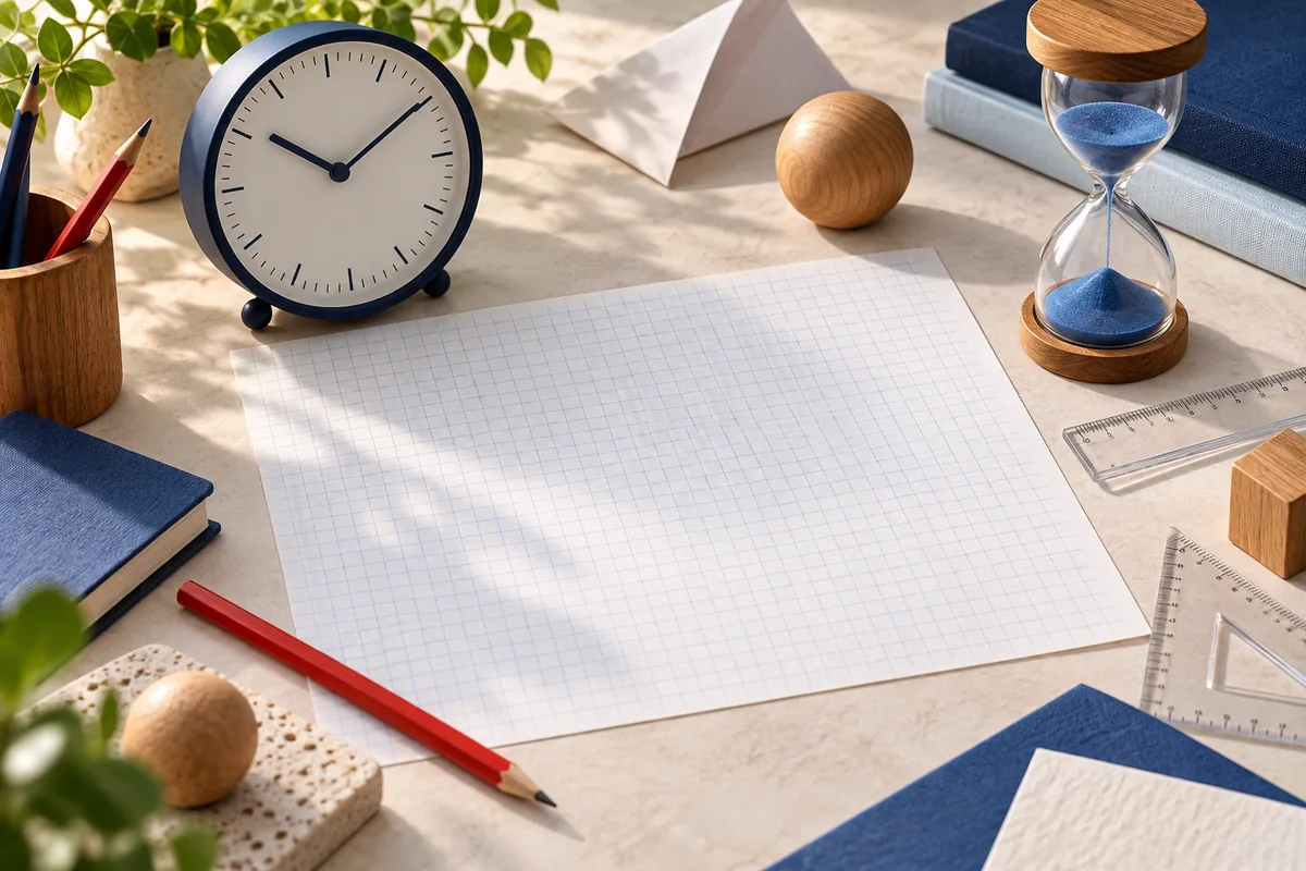 A blank sheet of graph paper lies on a desk between an analog clock and a blue sand hourglass, with pencils, rulers, books, and wooden shapes nearby.