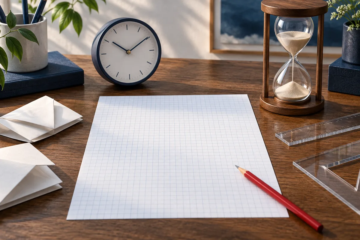 A sheet of blank graph paper and a red pencil lie on a wooden desk beside a clock, an hourglass, folded paper, and clear rulers.