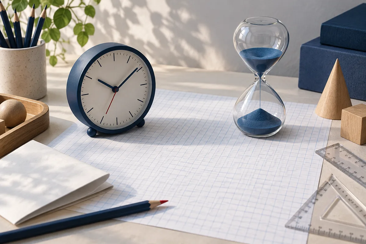 A blue clock and glass hourglass sit on blank graph paper, surrounded by pencils, a notebook, rulers, wooden shapes, and a potted plant.
