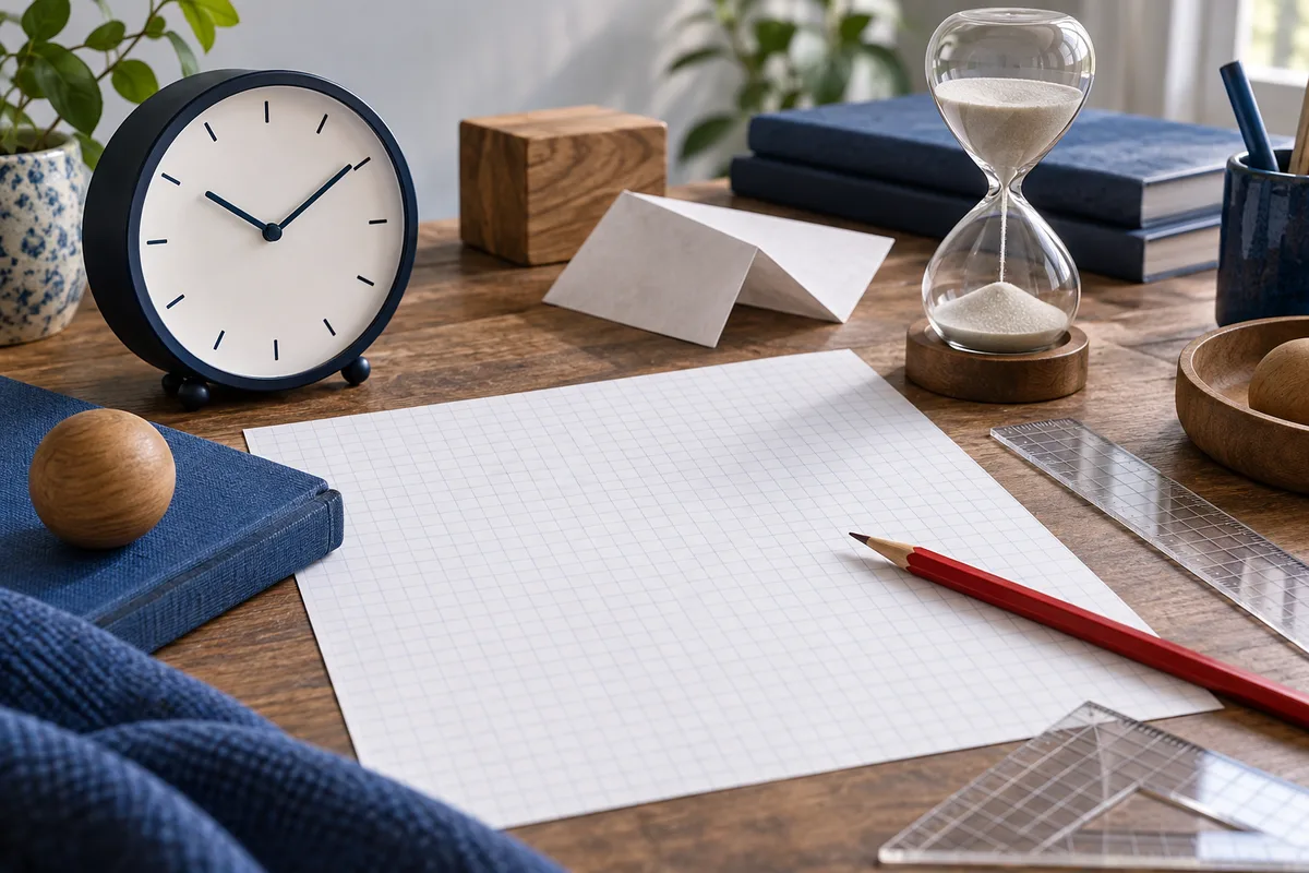 A clock and hourglass sit beside blank graph paper, a pencil, and clear rulers on a wooden desk.