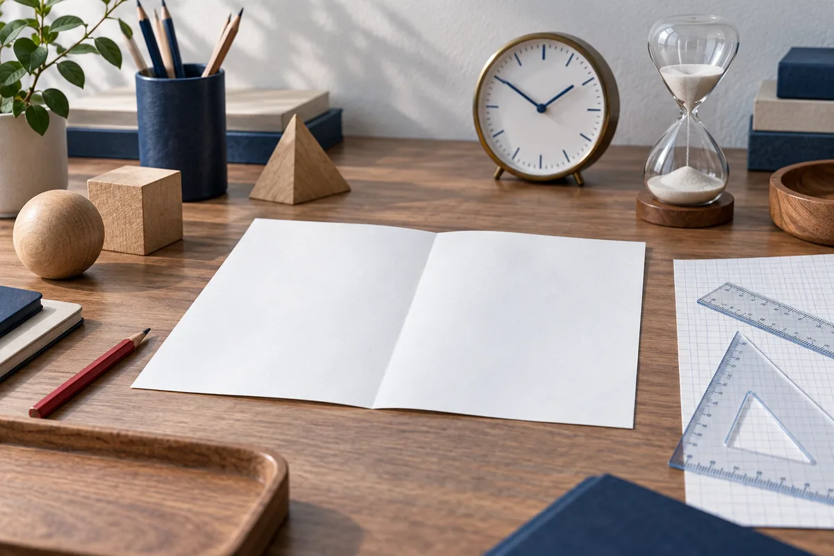 An open blank sheet on a wooden desk, with a clock, an hourglass, pencils, wooden shapes, and rulers nearby.