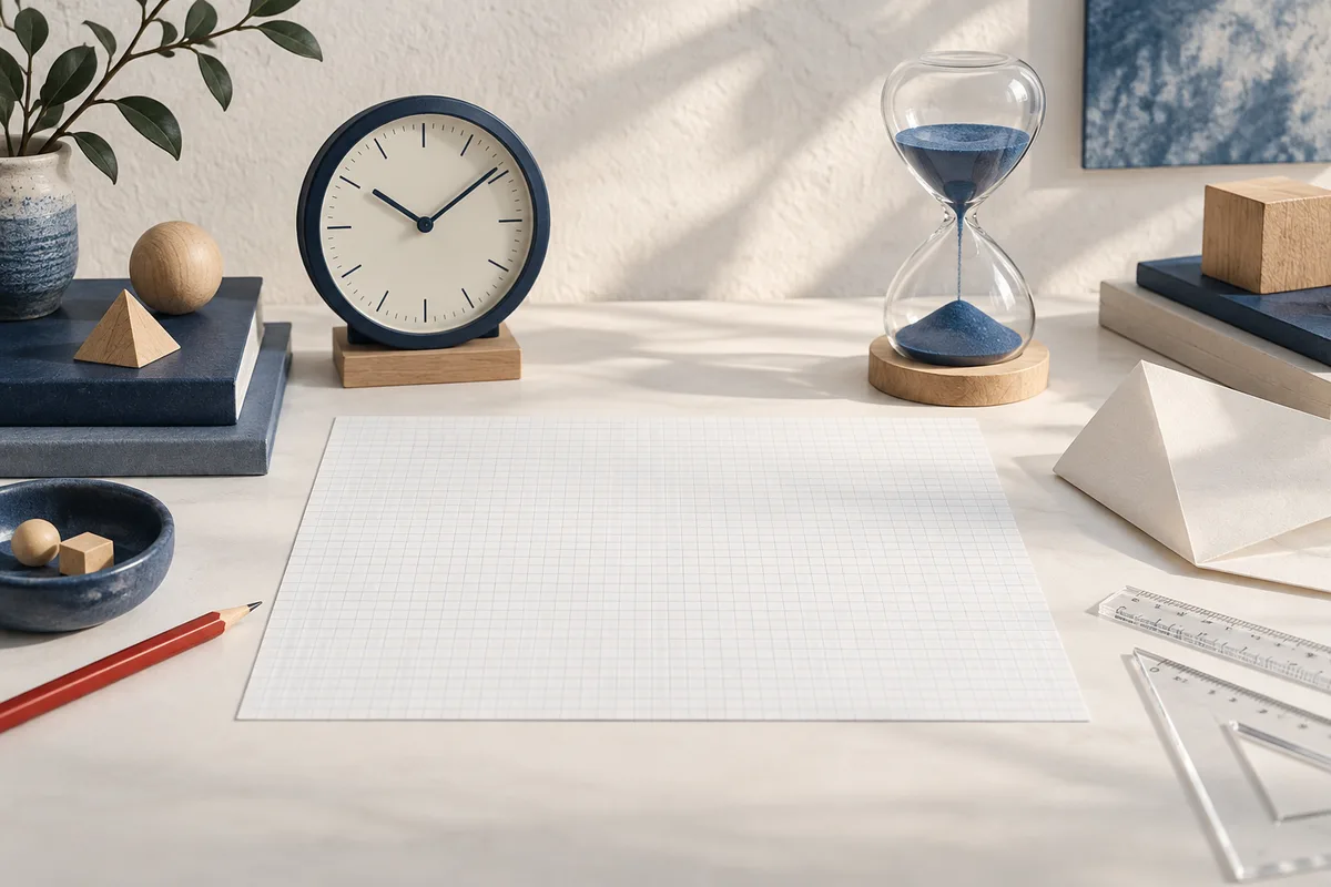 A round clock and a blue-sand hourglass sit above a blank sheet of graph paper, with pencils, rulers, wooden shapes, and a potted plant arranged around them.