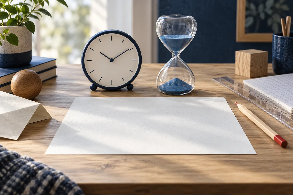 A clock and blue-sand hourglass stand behind a blank sheet on a wooden desk, beside a pencil, ruler, graph paper, books, and a plant.