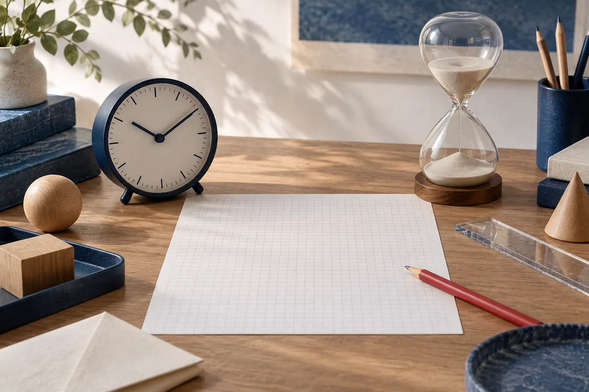 A blue-rimmed clock and glass hourglass sit on a wooden desk beside blank graph paper, a red pencil, clear ruler, geometric wooden shapes, and a potted plant.