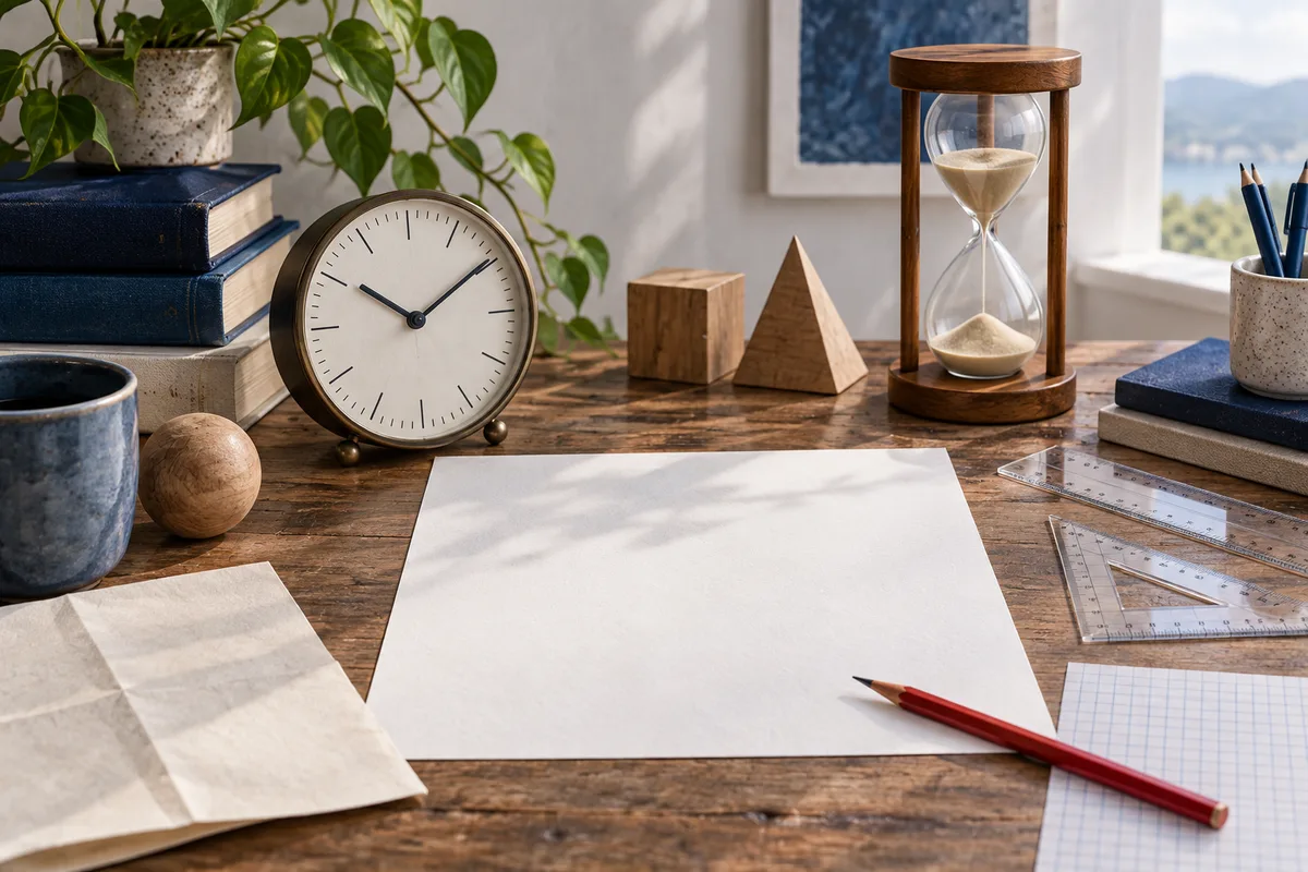 A desk with a clock, an hourglass, blank sheets of paper, rulers, books, a potted plant, and a red pencil.