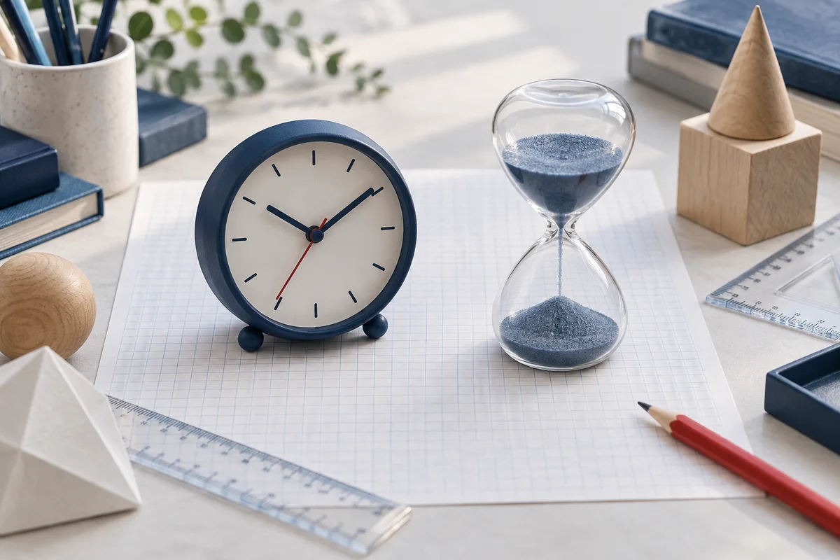 A blue-rimmed clock and glass hourglass sit on blank graph paper, surrounded by rulers, a red pencil, and wooden shapes.