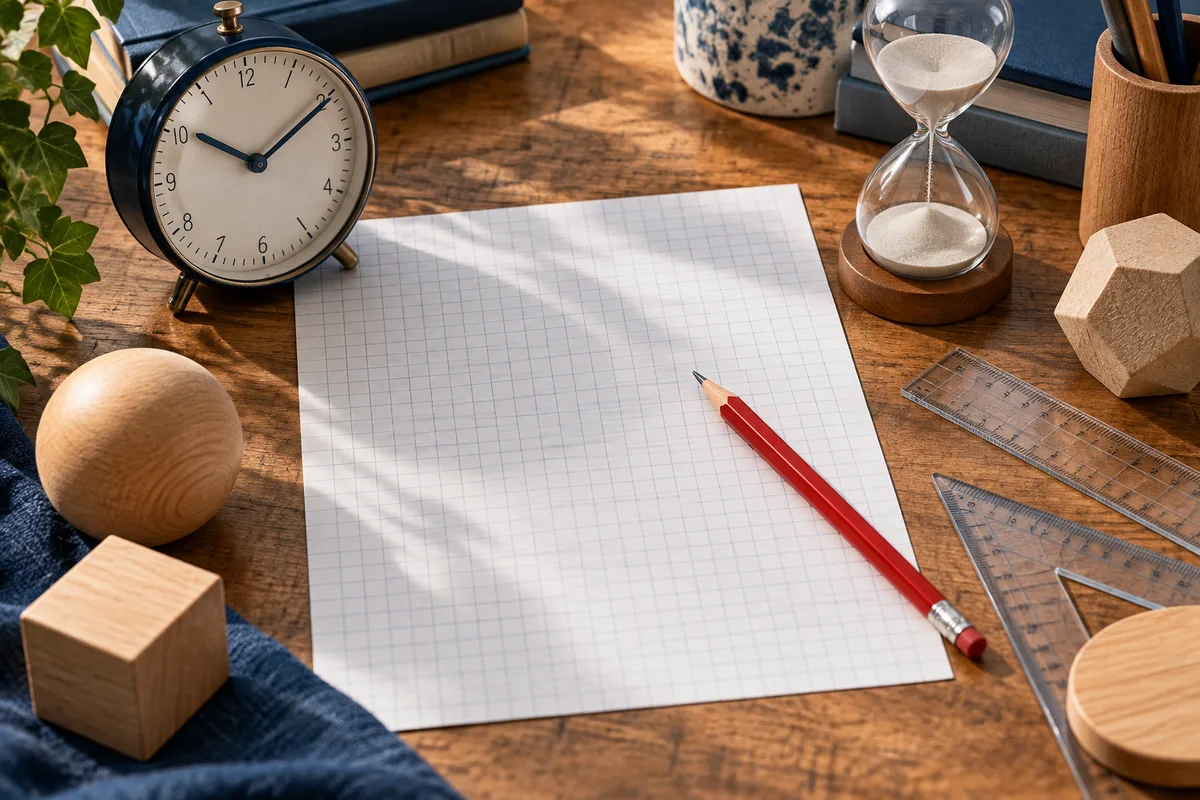 Overhead still life of a clock, hourglass, blank graph paper, red pencil, rulers, books, and wooden shapes on a wooden desk.