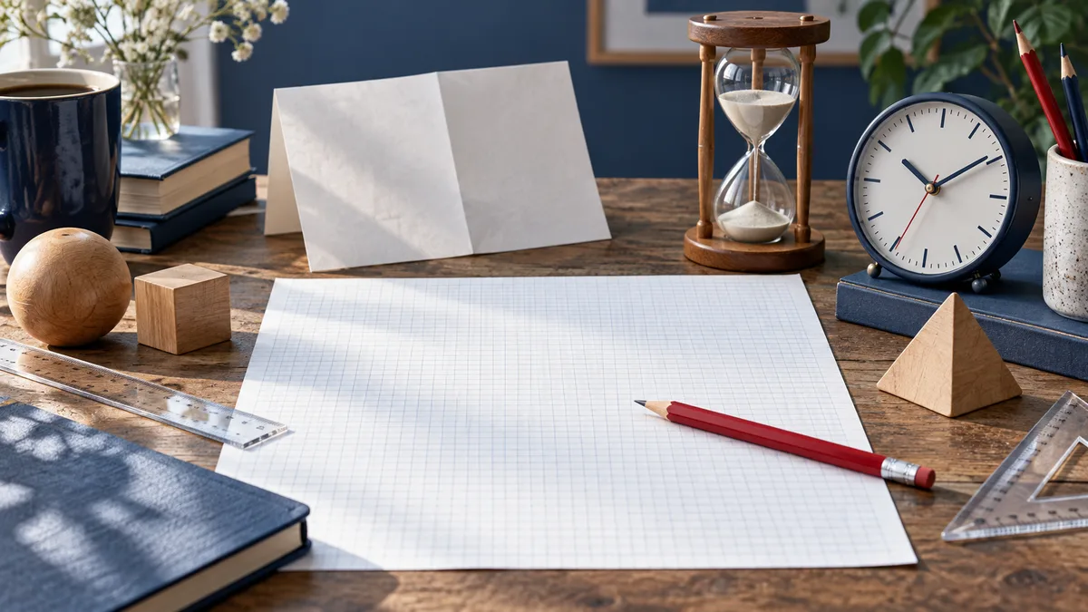A wooden desk holds graph paper, a blank folded sheet, a red pencil, an hourglass, an analog clock, clear rulers, and wooden shapes.