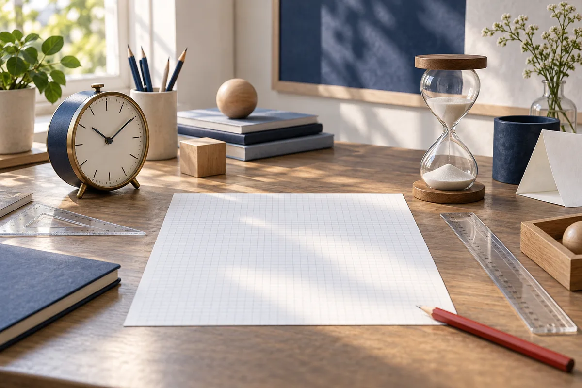 A clock and glass hourglass sit on a desk beside blank graph paper, rulers, a red pencil, and wooden blocks.